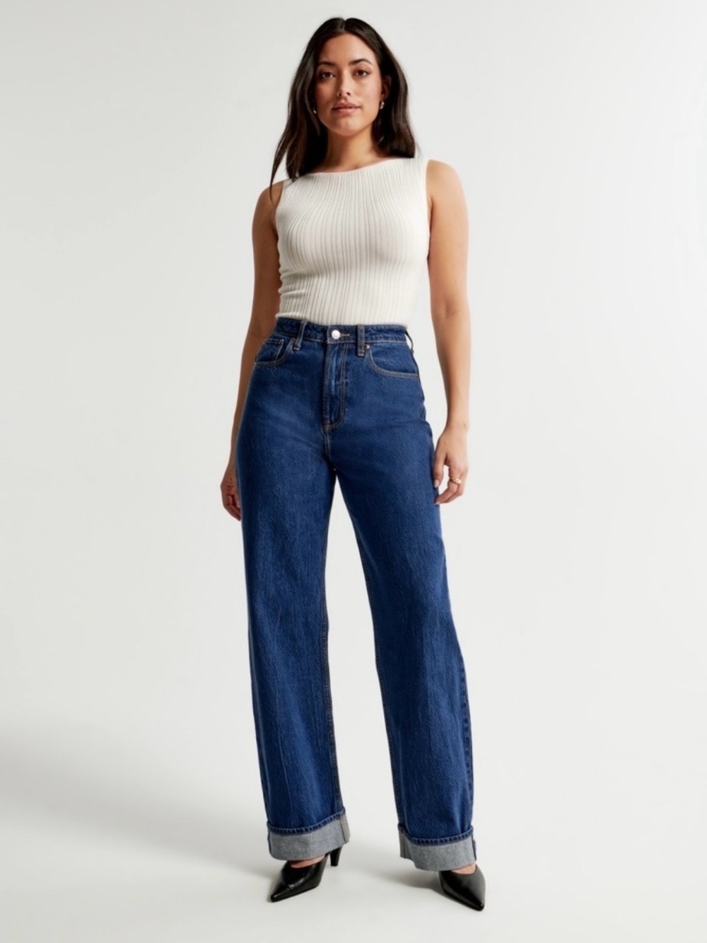 Abercrombie Curve Love High Rise Loose Cuffed Jeans Size 32 Blue Denim
